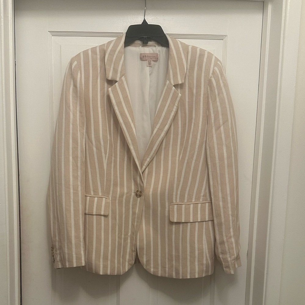 Philosophy EUC XL White and Beige Striped Linen Blazer Fully Lined